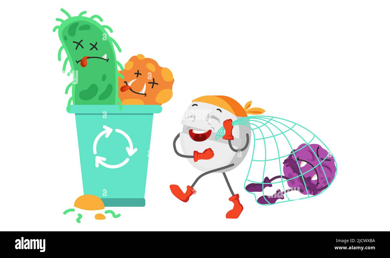 Mignonne superhéros pilule rassemblant des bactéries dans le trashcan Illustration de Vecteur
