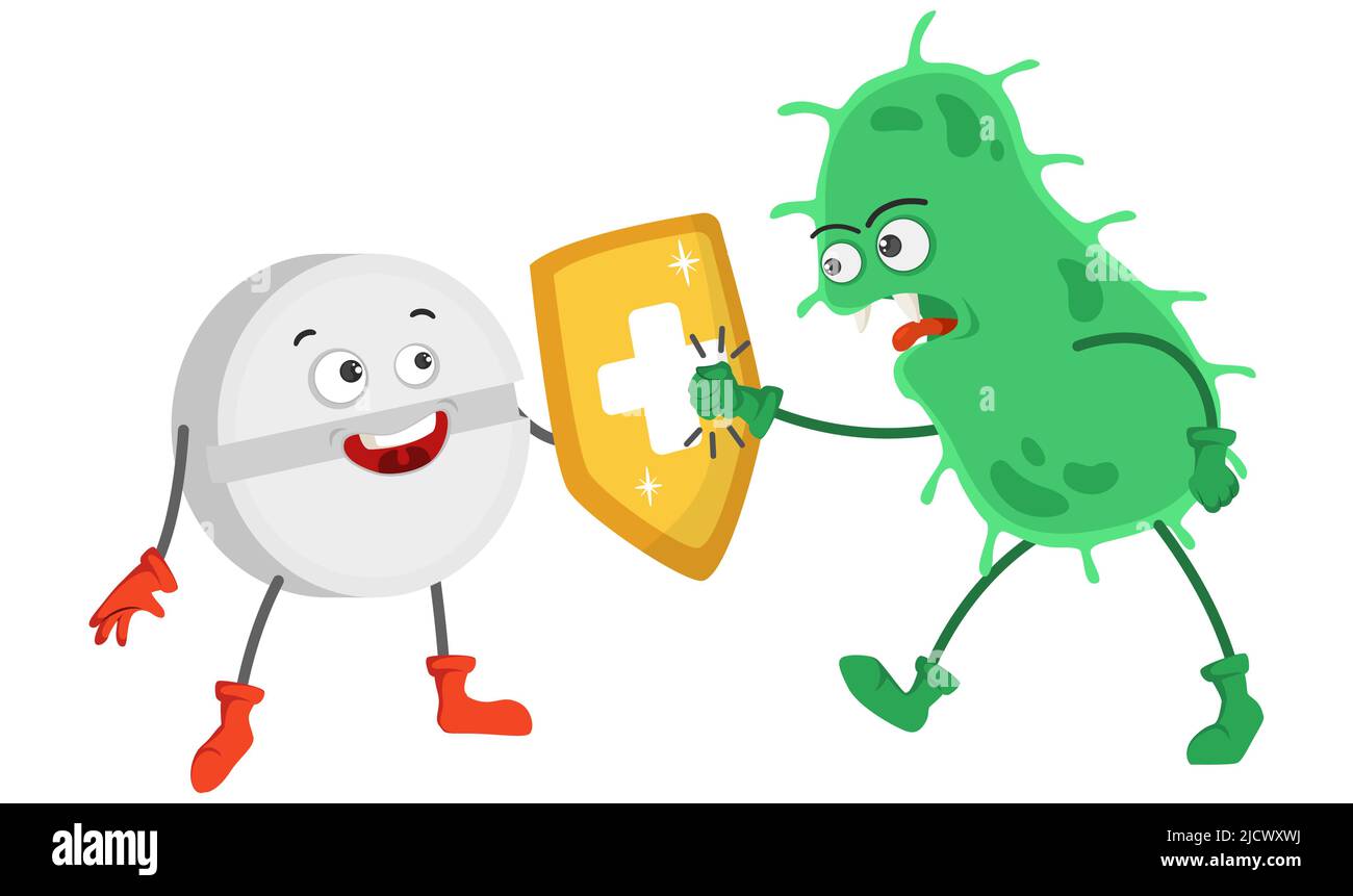 Super-héros pilule arrêter drôles virus en colère ou bactéries Illustration de Vecteur