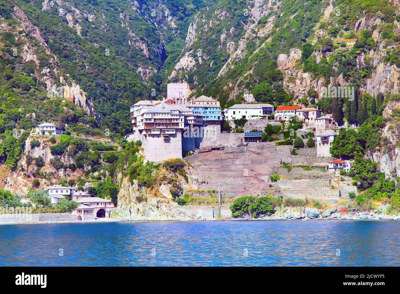 Gros plan monastère orthodoxe au Mont Athos, Agion Oros, montagne Sainte, Halkidiki , Grèce. Vue de la mer Banque D'Images