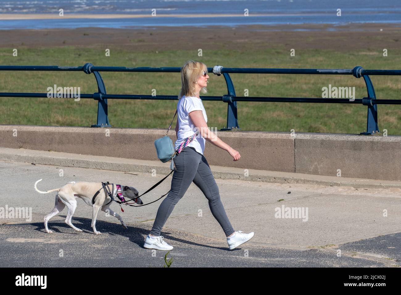 Southport, Merseyside. Météo Royaume-Uni. 16th juin 2022. Les températures les plus élevées de la semaine sont attendues car les habitants de la région s'exercent sur la promenade du front de mer. Une journée chaude et belle avec beaucoup de soleil avec des sommets de 23C. Crédit; MediaWorldImages/AlamyLiveNews Banque D'Images