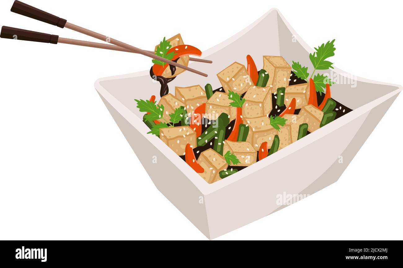 Salade de tofu frite ou soupe avec sauce au poivre, au sésame et au soja. Plat asiatique pour végétariens et végétaliens. Illustration d'aliments plats Vector. Illustration de Vecteur