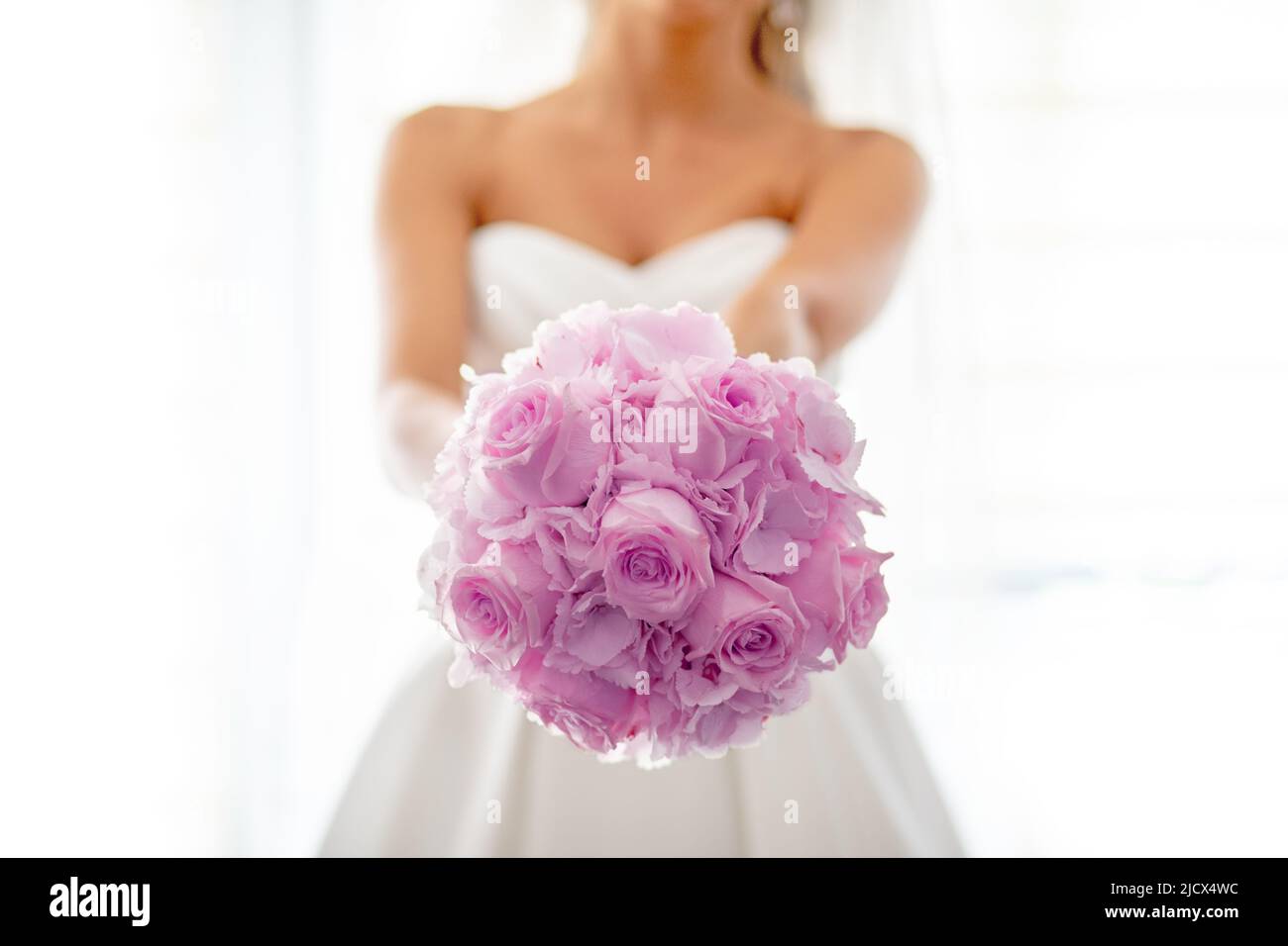 Aujourd'hui est le jour du mariage! Mariée avec bouquet de roses rose clair dans les mains Banque D'Images