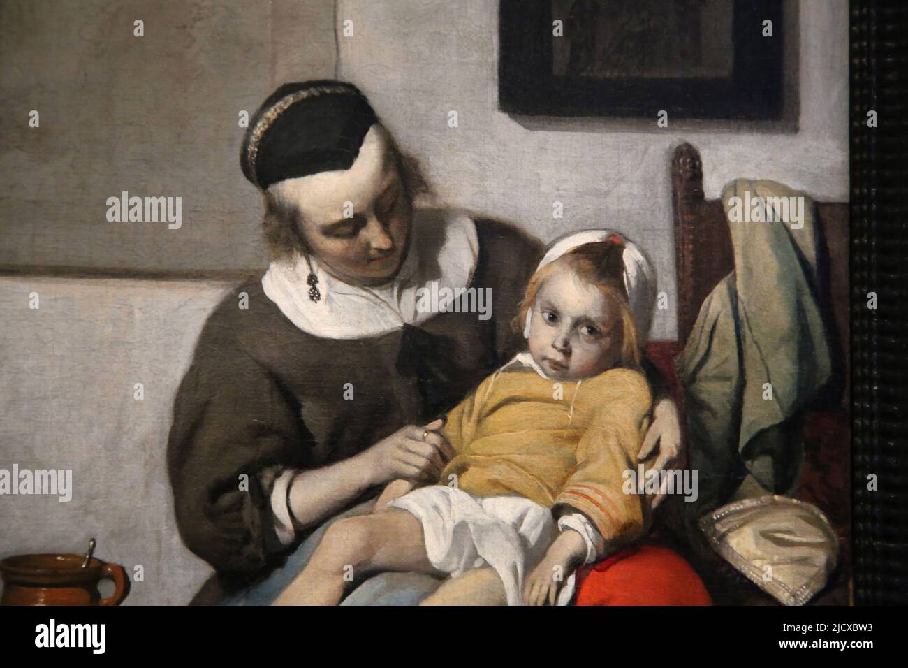 L'enfant malade par Gabriel Metsu (1629-1667). Huile sur toile, c. 1664-1666. Détails. Rijksmuseum. Amsterdam. Pays-Bas. Banque D'Images