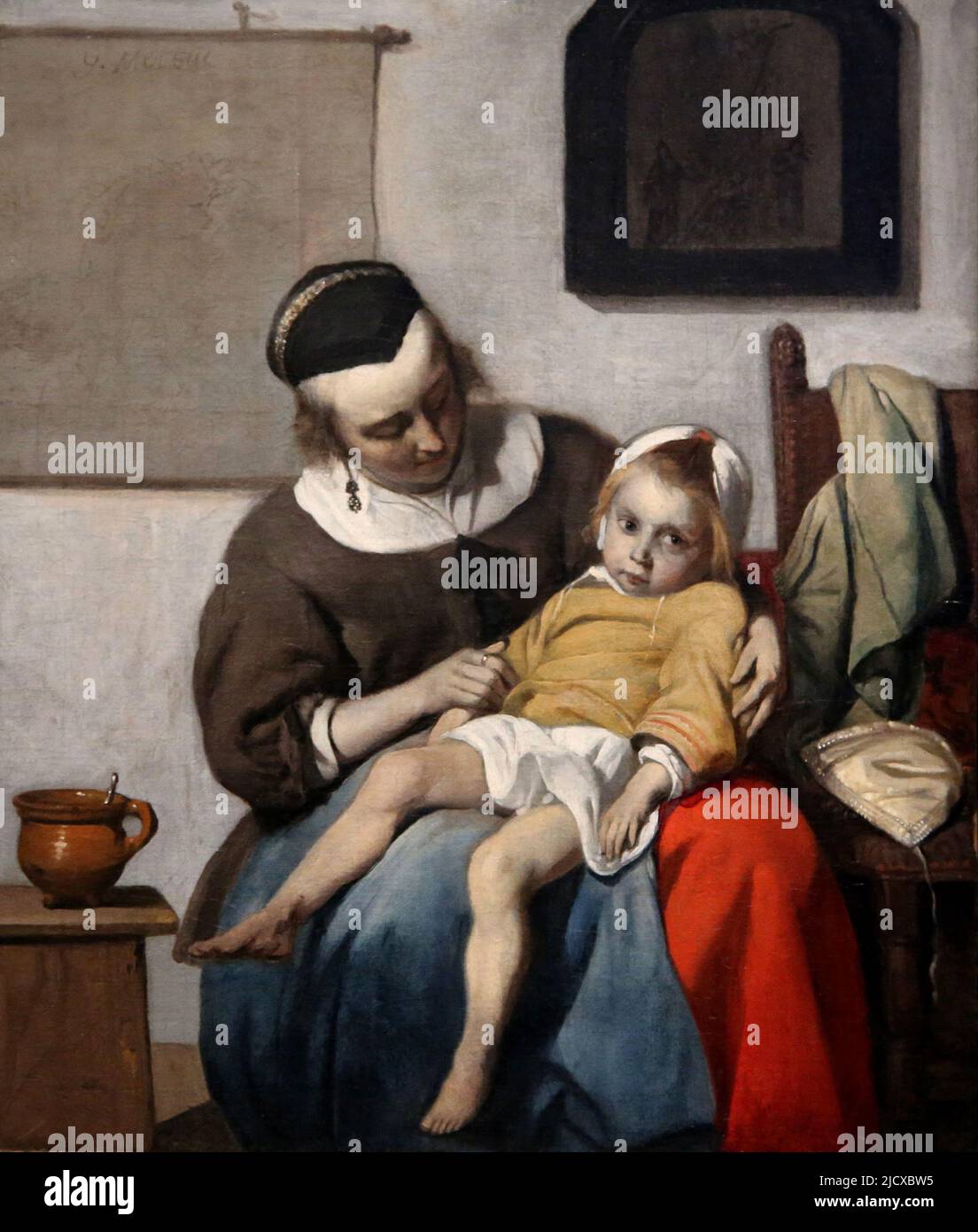 L'enfant malade par Gabriel Metsu (1629-1667). Huile sur toile, c. 1664-1666. Rijksmuseum. Amsterdam. Pays-Bas. Banque D'Images