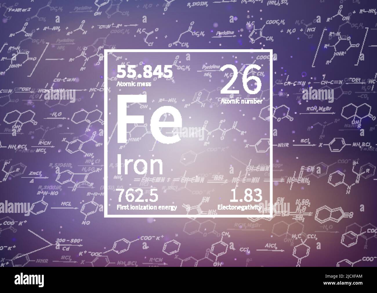 Elément chimique de fer avec première énergie d'ionisation, masse atomique et valeurs d'électronégativité sur fond scientifique Illustration de Vecteur