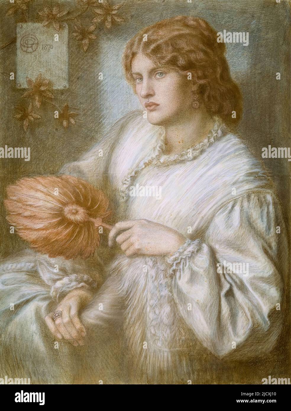 Dante Gabriel Rossetti, femme avec un Fan, dessin de portrait en craie, 1870 Banque D'Images