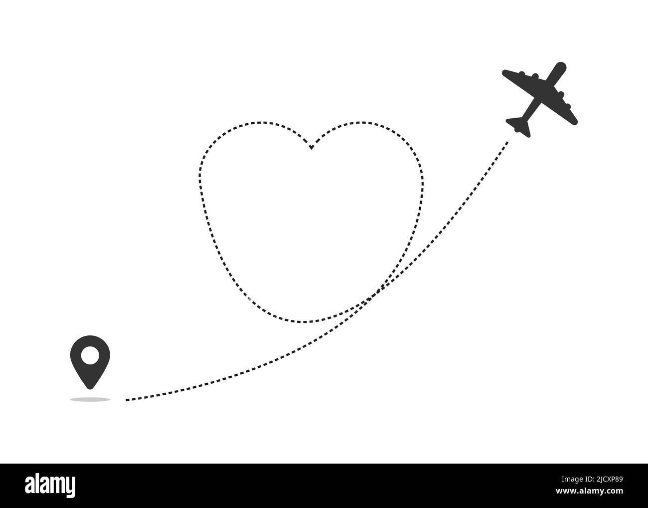 Tracé de la ligne du trait du cœur de l'itinéraire de vol Air plane. Icône d'amour Illustration de Vecteur