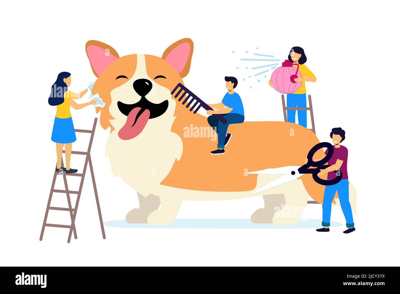 Services de groomer professionnel illustration vectorielle dans le style de dessin animé plat salon de coiffure pour animaux de style et de soin magasin pour animaux de compagnie pour chiens. Les petits groomers Hol Illustration de Vecteur