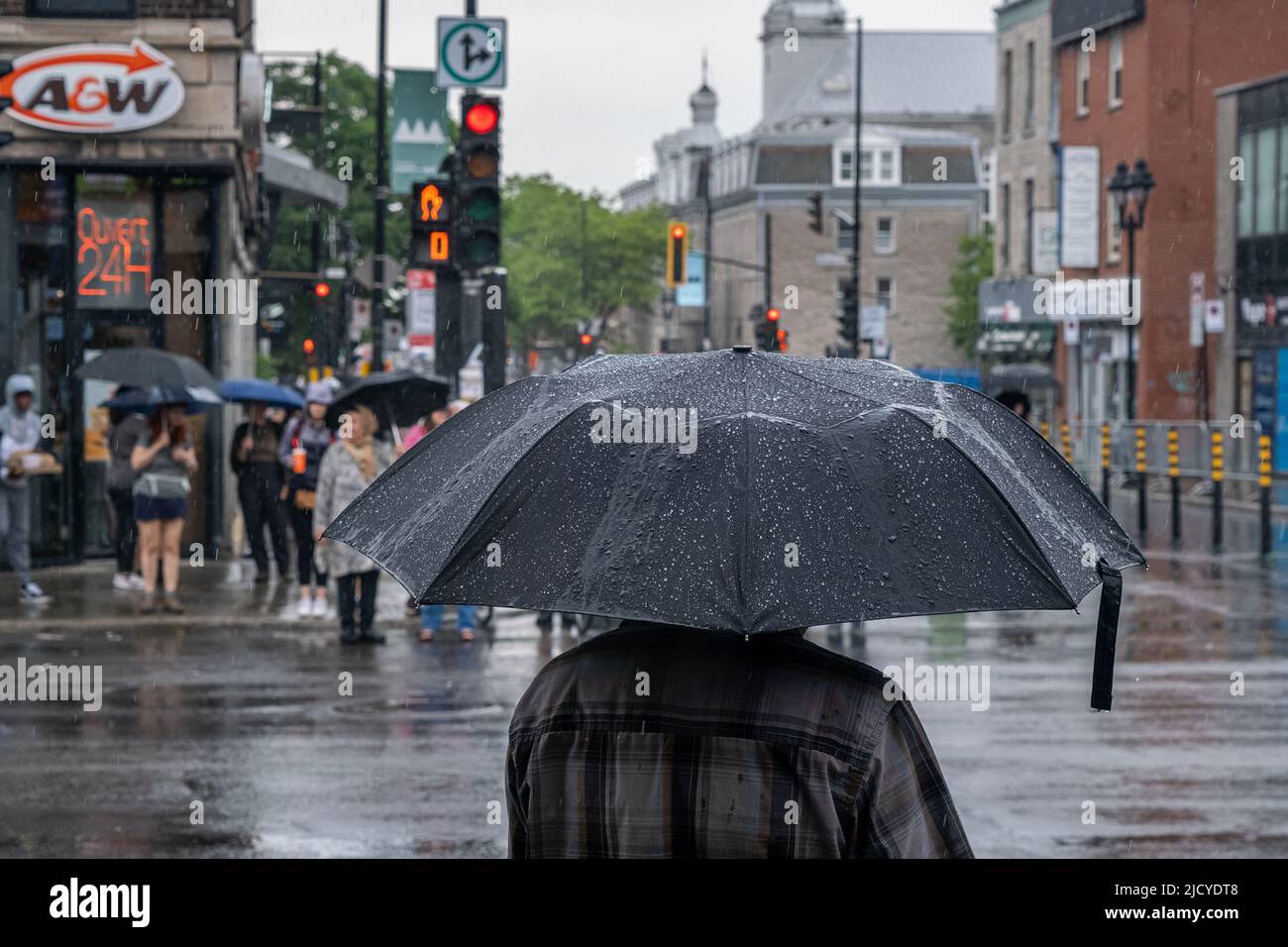 Montréal, CA - 12 juin 2022 : personnes sur l'avenue Mont-Royal tenant un parapluie sous la pluie et la tempête Banque D'Images