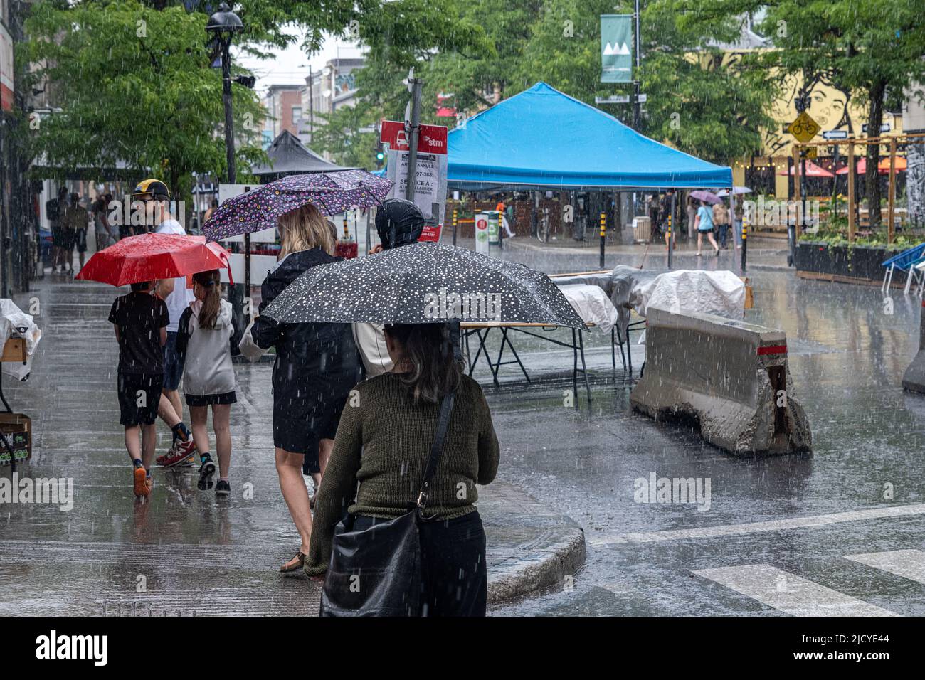 Montréal, CA - 12 juin 2022 : personnes sur l'avenue Mont-Royal tenant un parapluie sous la pluie et la tempête Banque D'Images