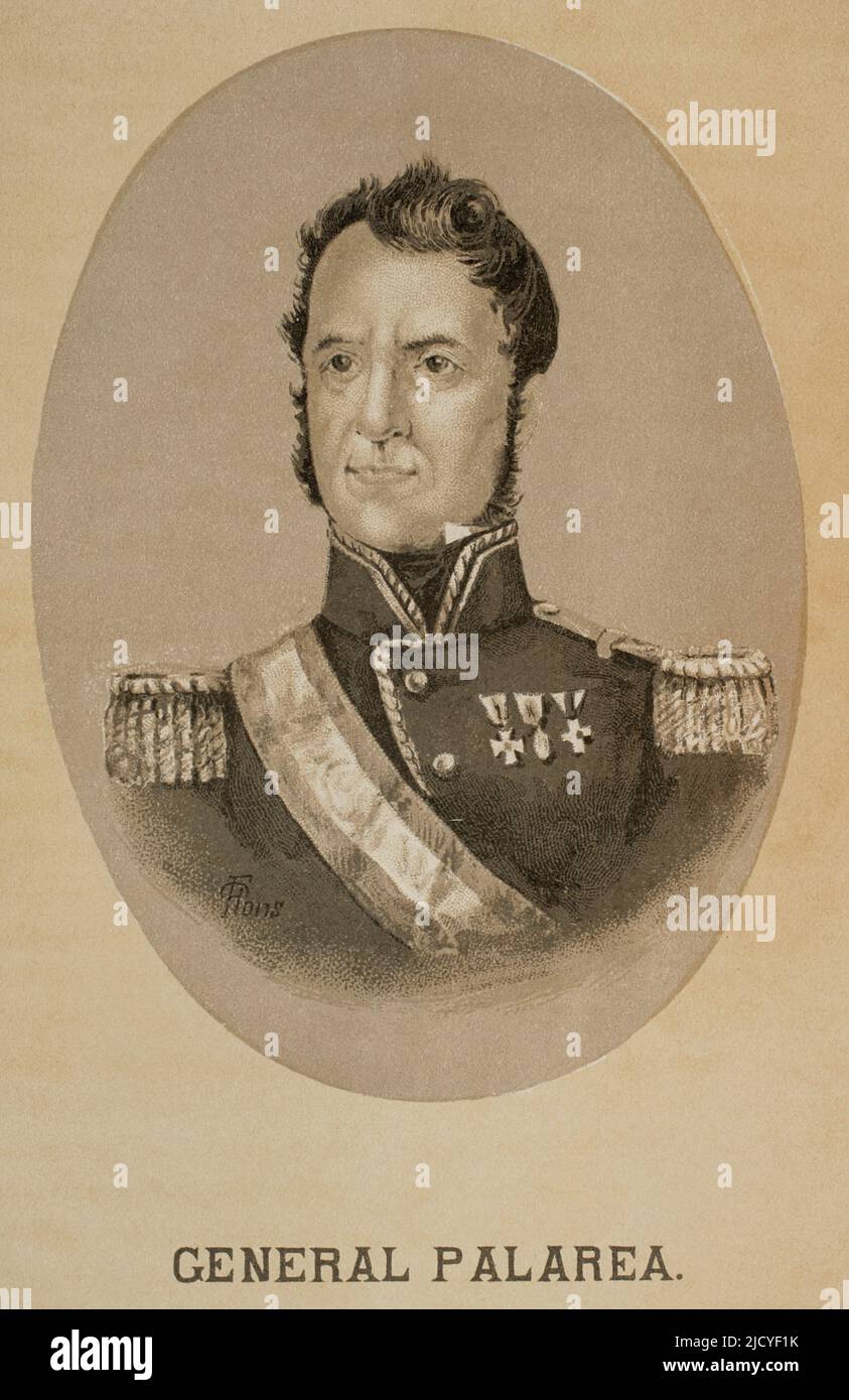 Juan Palarea Blanes, dit "El Médico" (1780-1842). Armée espagnole. Maréchal et chef de guérilla pendant la guerre péninsulaire. Il a pris part à la première Guerre des Carlistes. Portrait. Historia de la Revolución Española (desde la Guerra de la Independencia a la Restauración en Sagunto), par Vicente Blasco Ibáñez. Volume II Publié à Barcelone, 1891. Banque D'Images