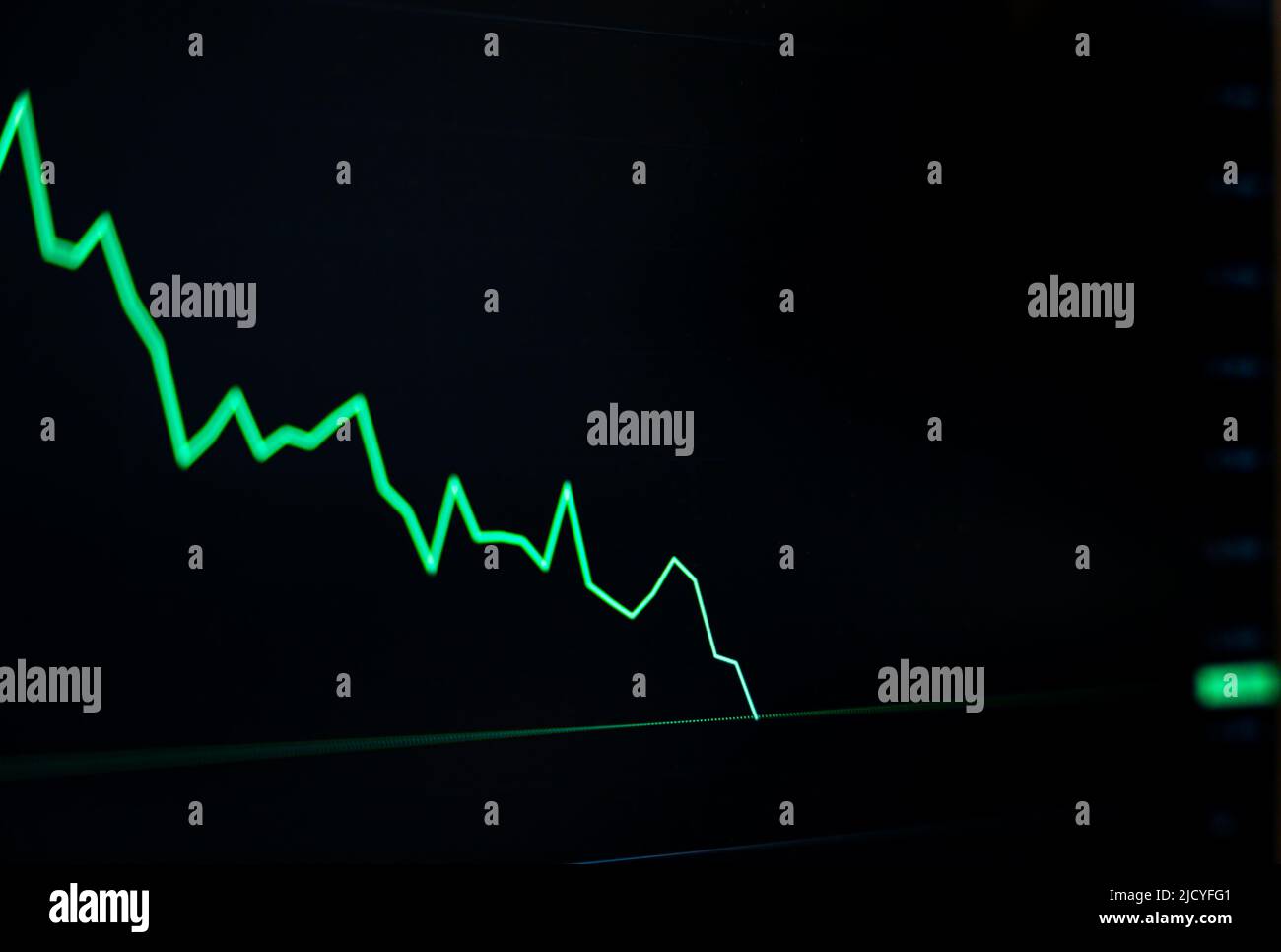 Investissement de change avec technique de graphique de signal de chandelier en mouvement rapide avec le marché de panique sur le panneau boursier, graphique de ligne verte avec le trad de volume Banque D'Images