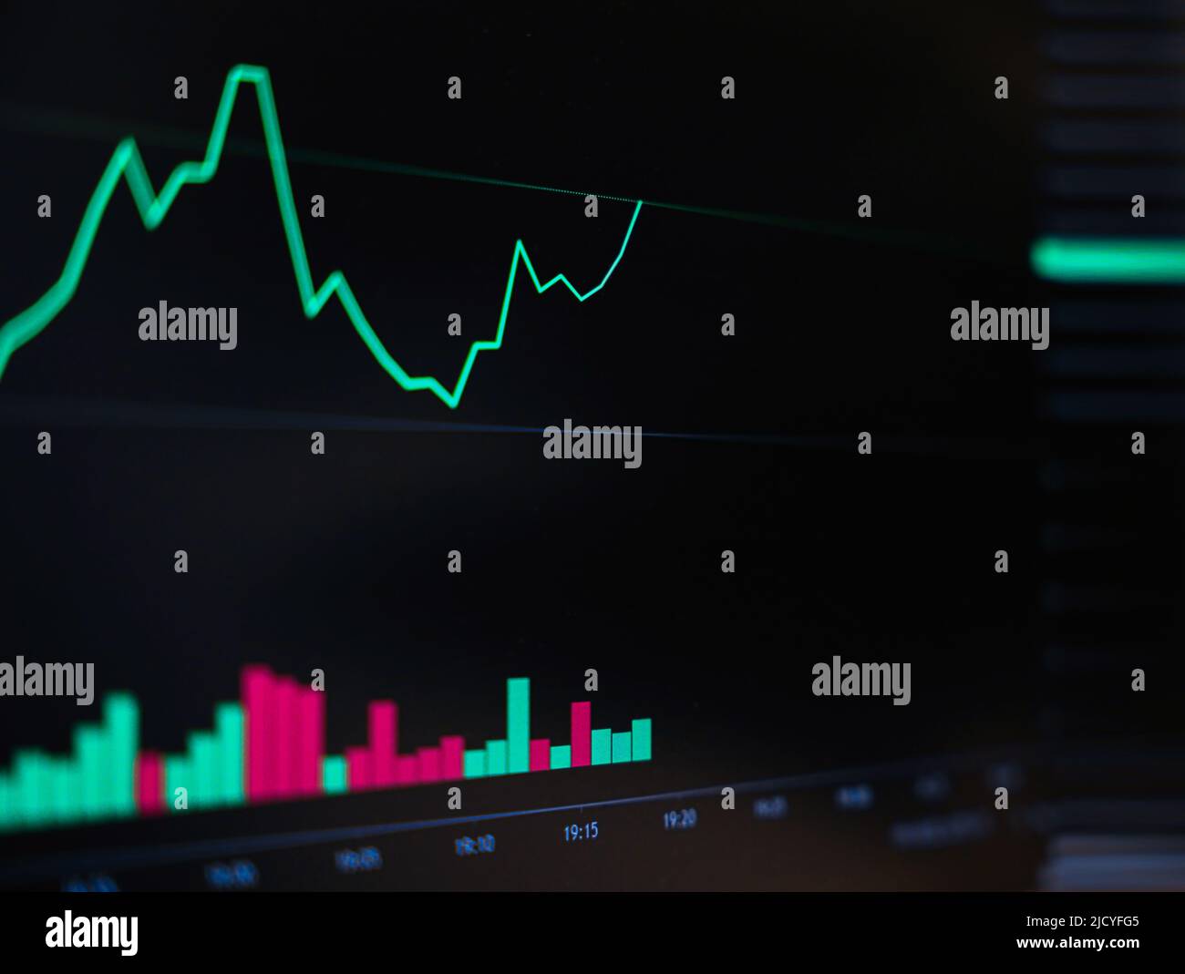 Investissement de change avec technique de graphique de signal de chandelier en mouvement rapide avec le marché de panique sur le panneau boursier, graphique de ligne verte avec le trad de volume Banque D'Images