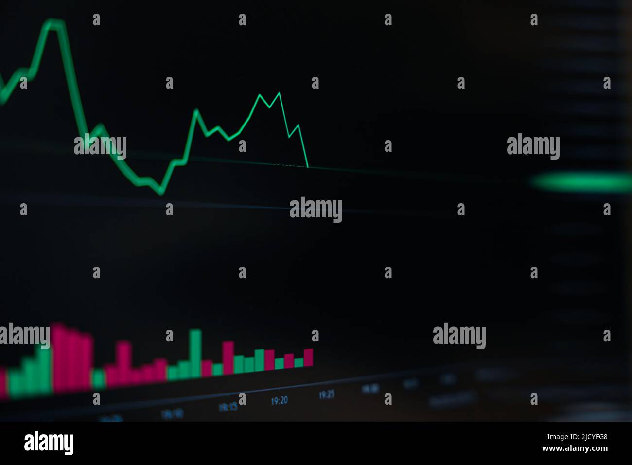 Investissement de change avec technique de graphique de signal de chandelier en mouvement rapide avec le marché de panique sur le panneau boursier, graphique de ligne verte avec le trad de volume Banque D'Images
