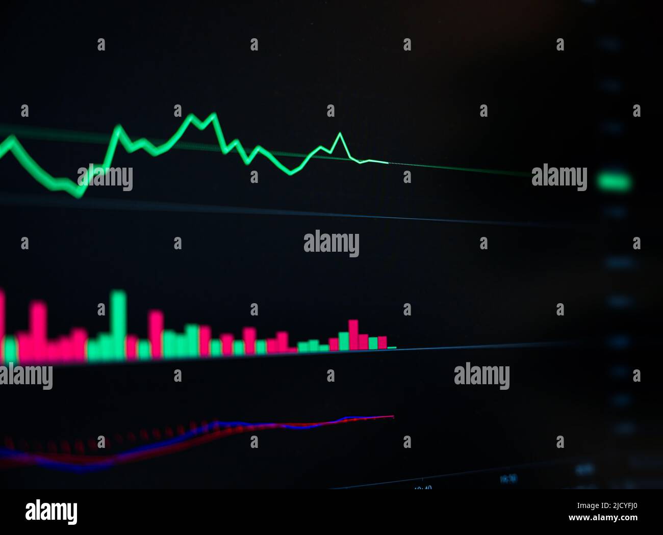 Investissement de change avec technique de graphique de signal de chandelier en mouvement rapide avec le marché de panique sur le panneau boursier, graphique de ligne verte avec le trad de volume Banque D'Images