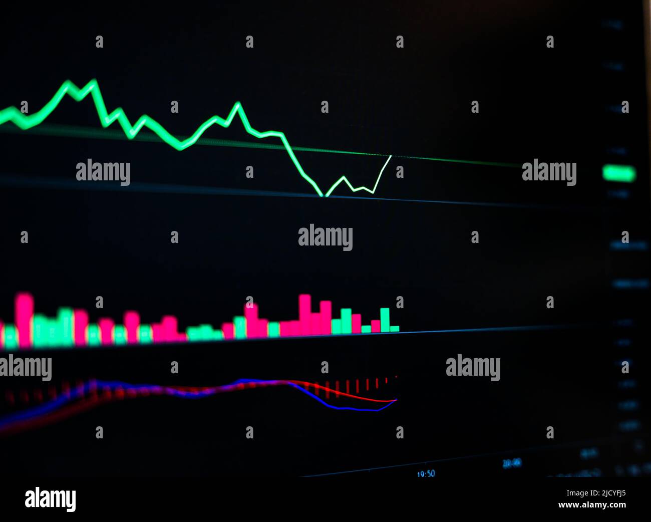 Investissement de change avec technique de graphique de signal de chandelier en mouvement rapide avec le marché de panique sur le panneau boursier, graphique de ligne verte avec le trad de volume Banque D'Images
