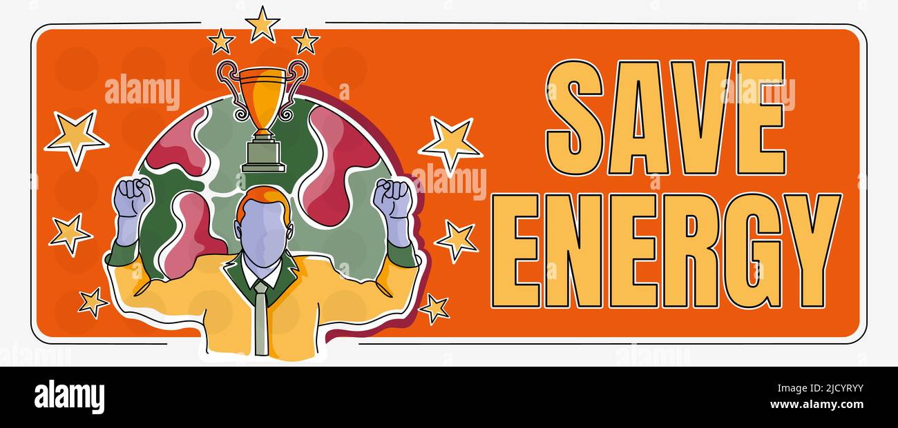 Affiche de texte montrant Save Energy, concept signifiant la diminution de la quantité de puissance utilisée pour atteindre un résultat similaire homme d'affaires célébrant le succès proj Banque D'Images