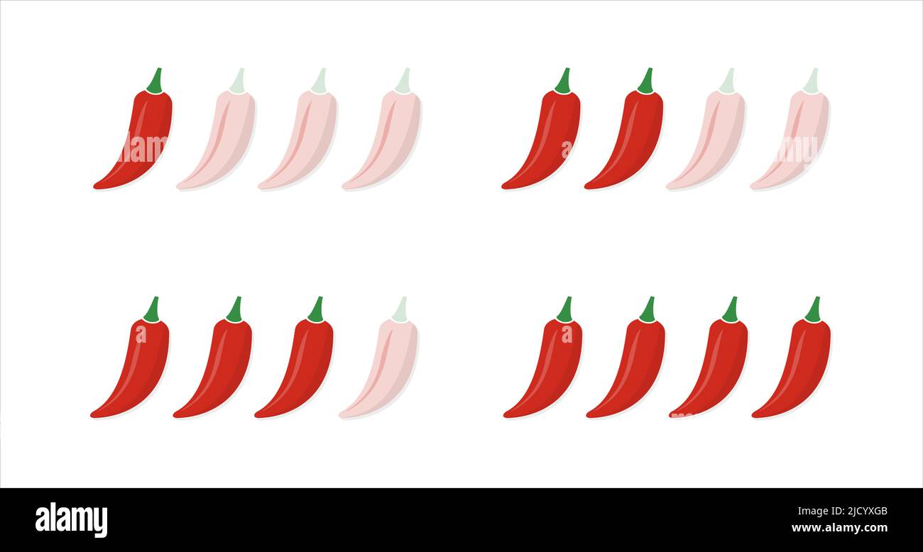 Ensemble d'échelles de force de piment rouge chaud. Indicateur avec positions d'icône douce, moyenne et chaude isolées sur fond blanc. Illustration de Vecteur