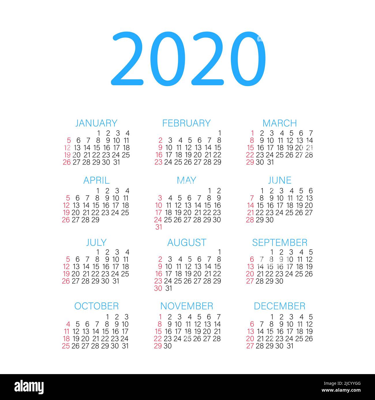 Calendrier 2020, la semaine commence à partir du dimanche, modèle d'entreprise. Illustration de Vecteur
