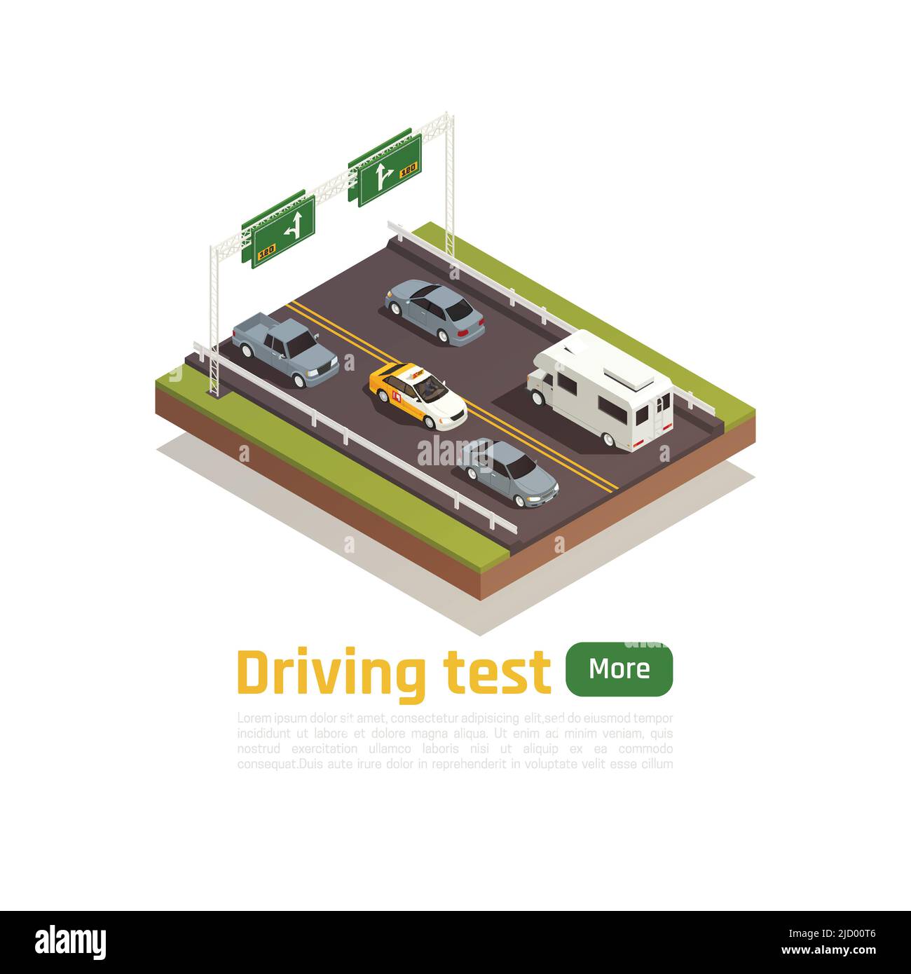 Composition isométrique de l'école de conduite avec texte modifiable plus de boutons et d'images d'autoroute avec illustration vectorielle de véhicule d'entraînement Illustration de Vecteur