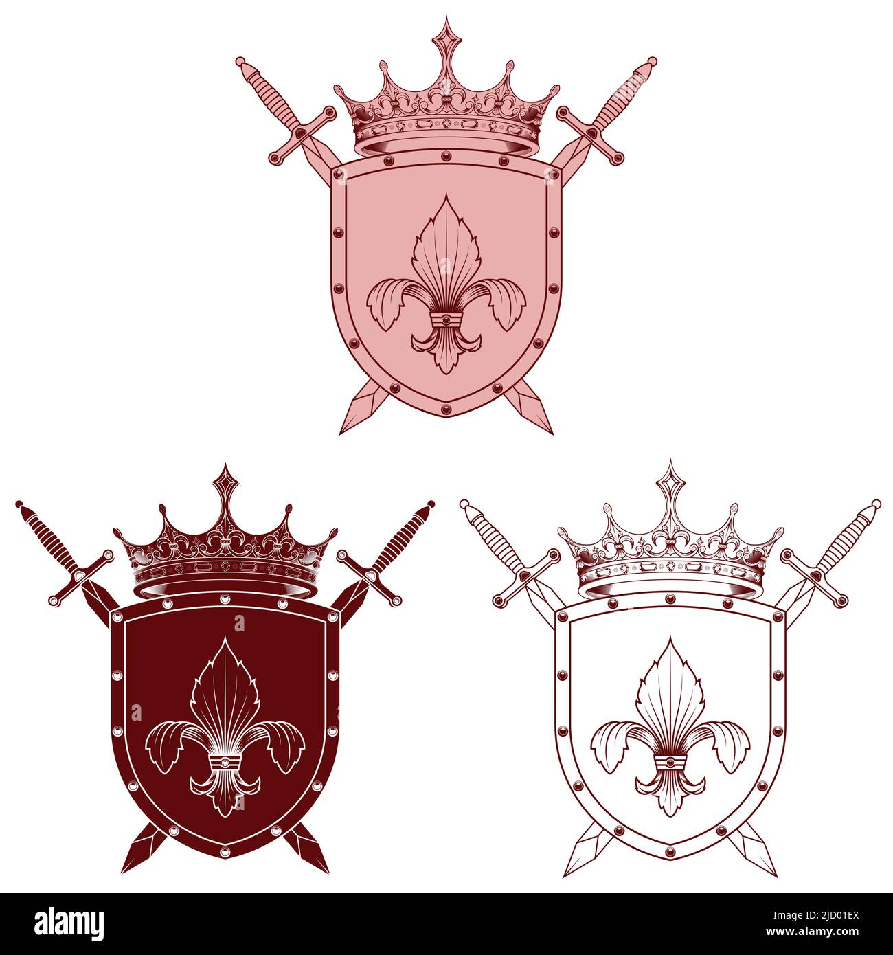 Bouclier héraldique couronné avec fleur de nénuphars et deux épées. Bouclier héraldique des âges moyens Illustration de Vecteur