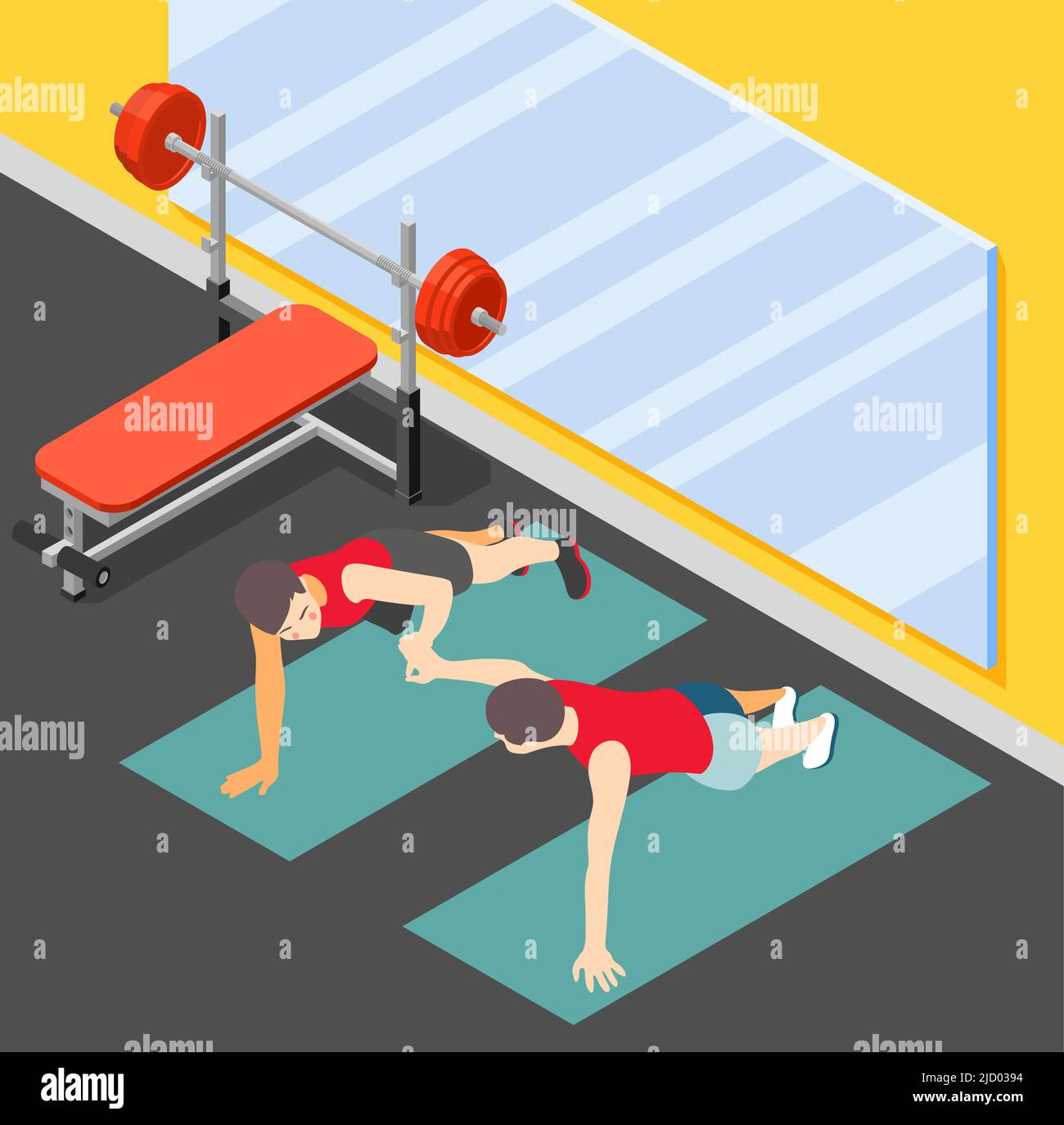 Affiche isométrique de forme physique familiale saine avec le père enseignant à son fils de faire des push-up dans la salle de gym illustration vectorielle plate Illustration de Vecteur