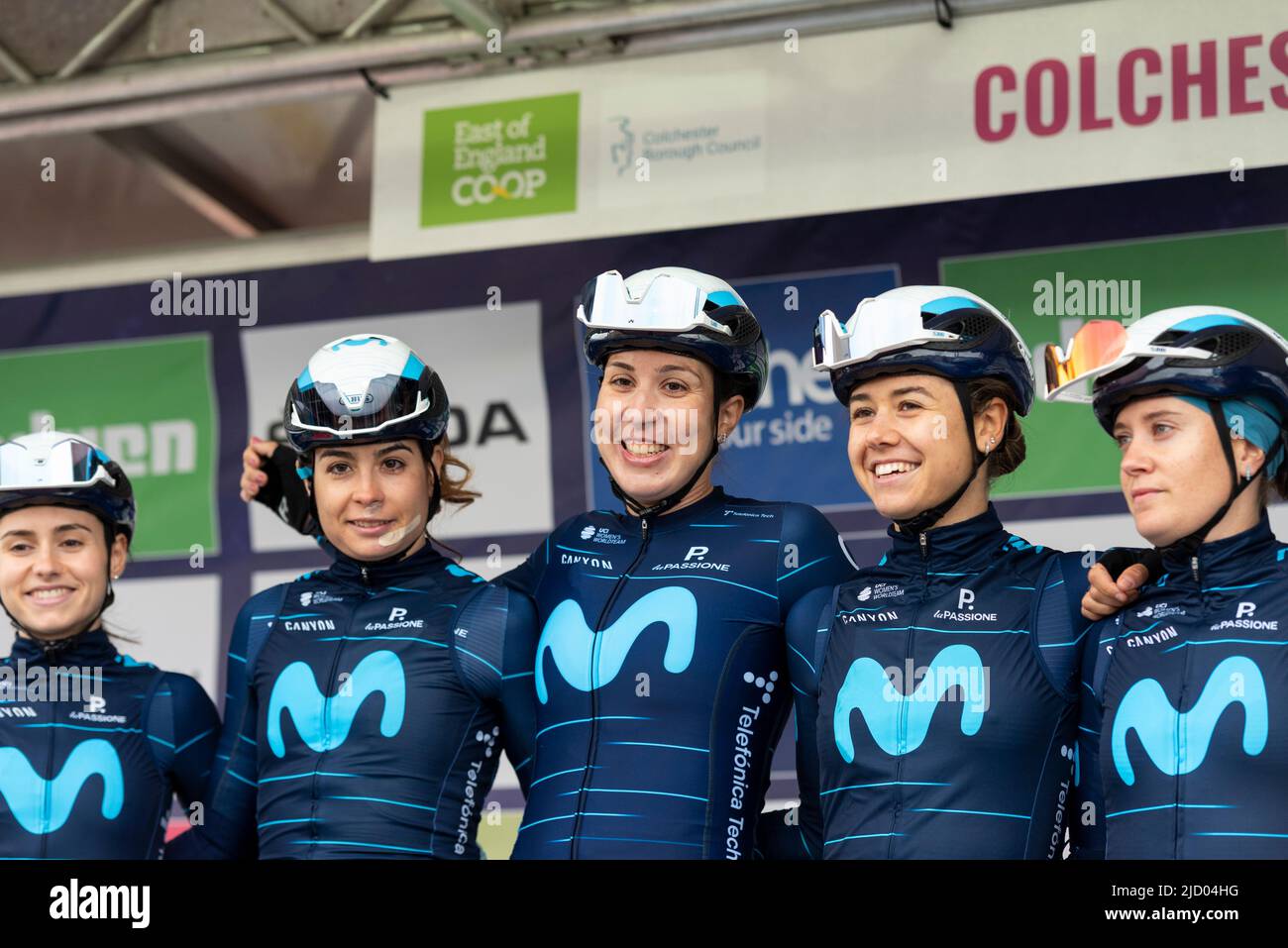 Lourdes Oyarbide Jimenez, Sheyla Gutierrez Ruiz, Gloria Rodriguez Sanchez, Sara Martin, Alicia Gonzalez Blanco Movistar équipe. Visite des femmes Banque D'Images