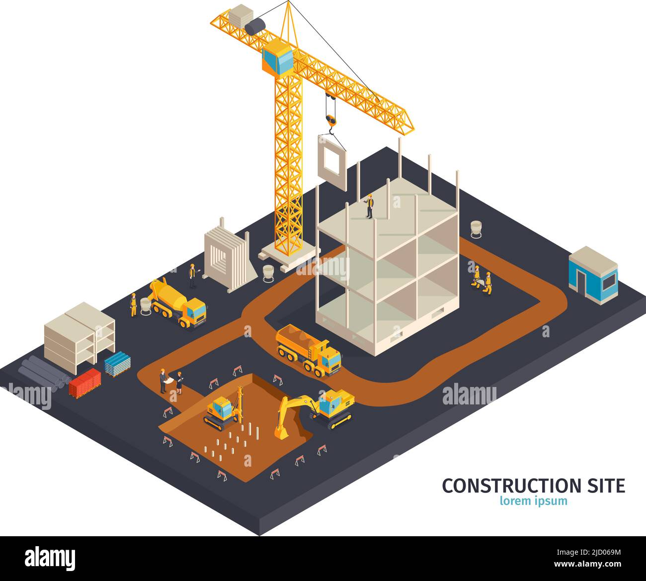 Composition de construction isométrique avec plate-forme et cour de construction aire de sol grues de tours camions et illustrations vectorielles de personnages humains Illustration de Vecteur