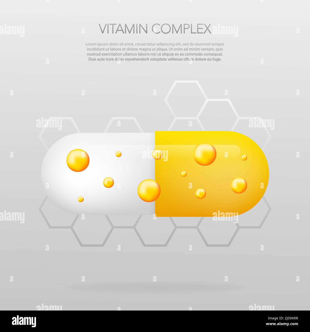 Complexe vitaminique avec pilule réaliste sur fond gris. Particules de vitamines au milieu. Illustration vectorielle. Illustration de Vecteur