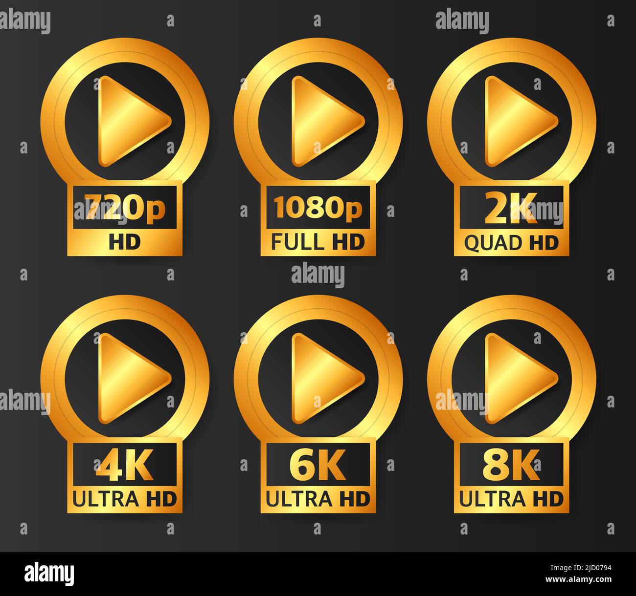 Badges de qualité vidéo de couleur or sur fond noir. HD, Full HD, 2K, 4K, 6K et 8K. Illustration vectorielle. Illustration de Vecteur