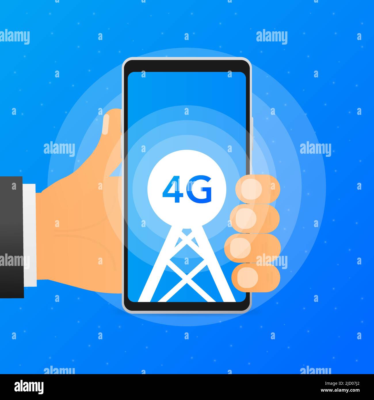 Tient le téléphone avec une tour qui montre le réseau mobile 4G disponible sur fond bleu. Illustration vectorielle. Illustration de Vecteur