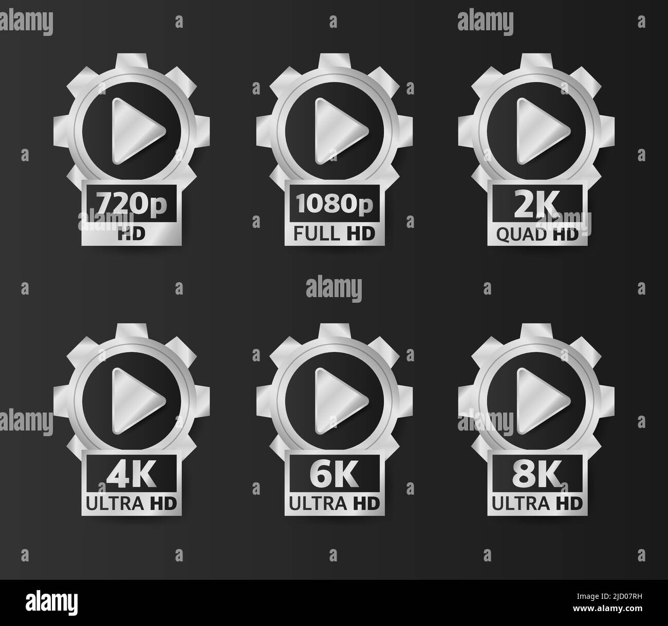 Badges de qualité vidéo de couleur argent sur fond noir. HD, Full HD, 2K, 4K, 6K et 8K. Illustration vectorielle. Illustration de Vecteur