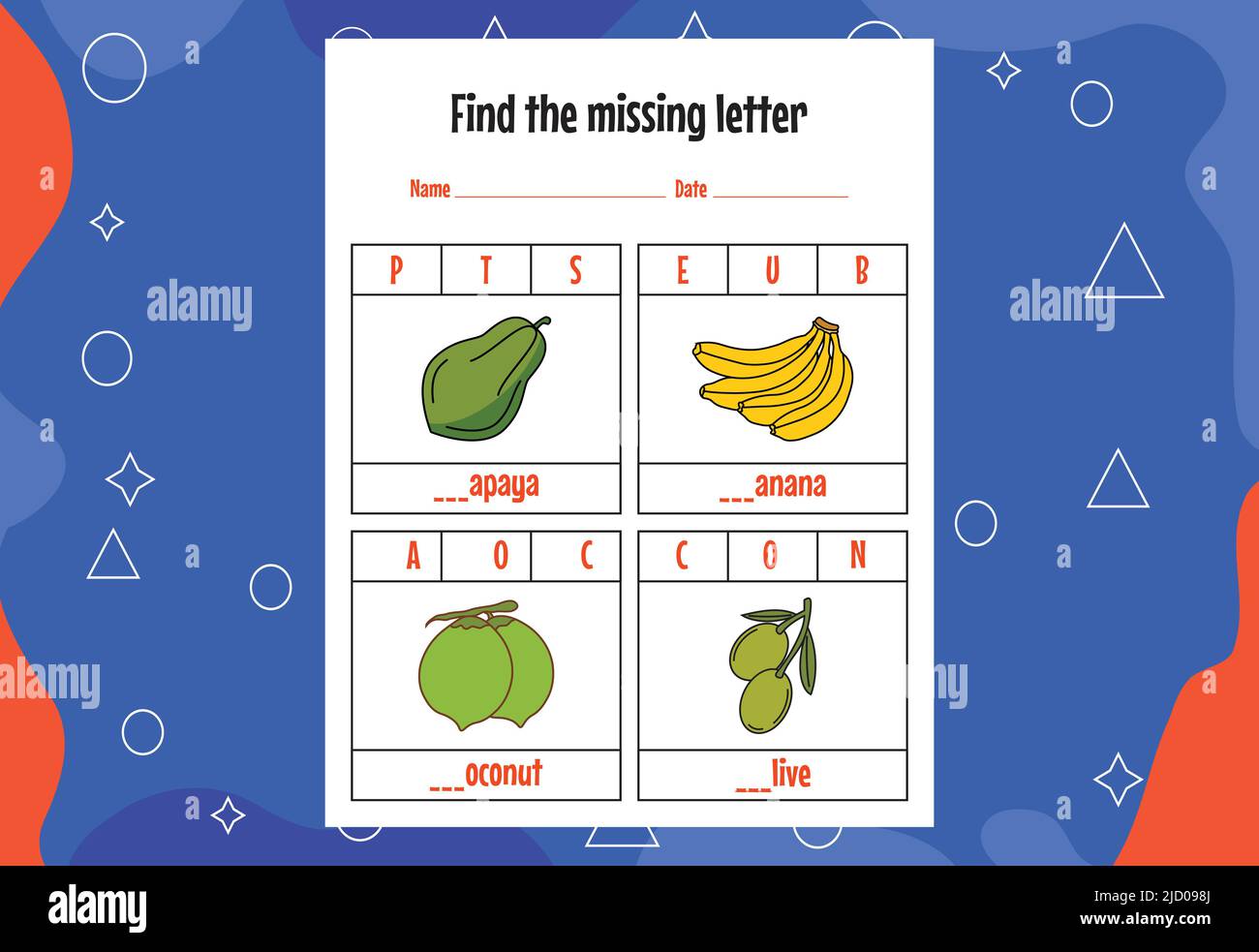 Recherchez la lettre manquante. Feuilles de travail d'orthographe pour les enfants. Page activité. Illustration de Vecteur