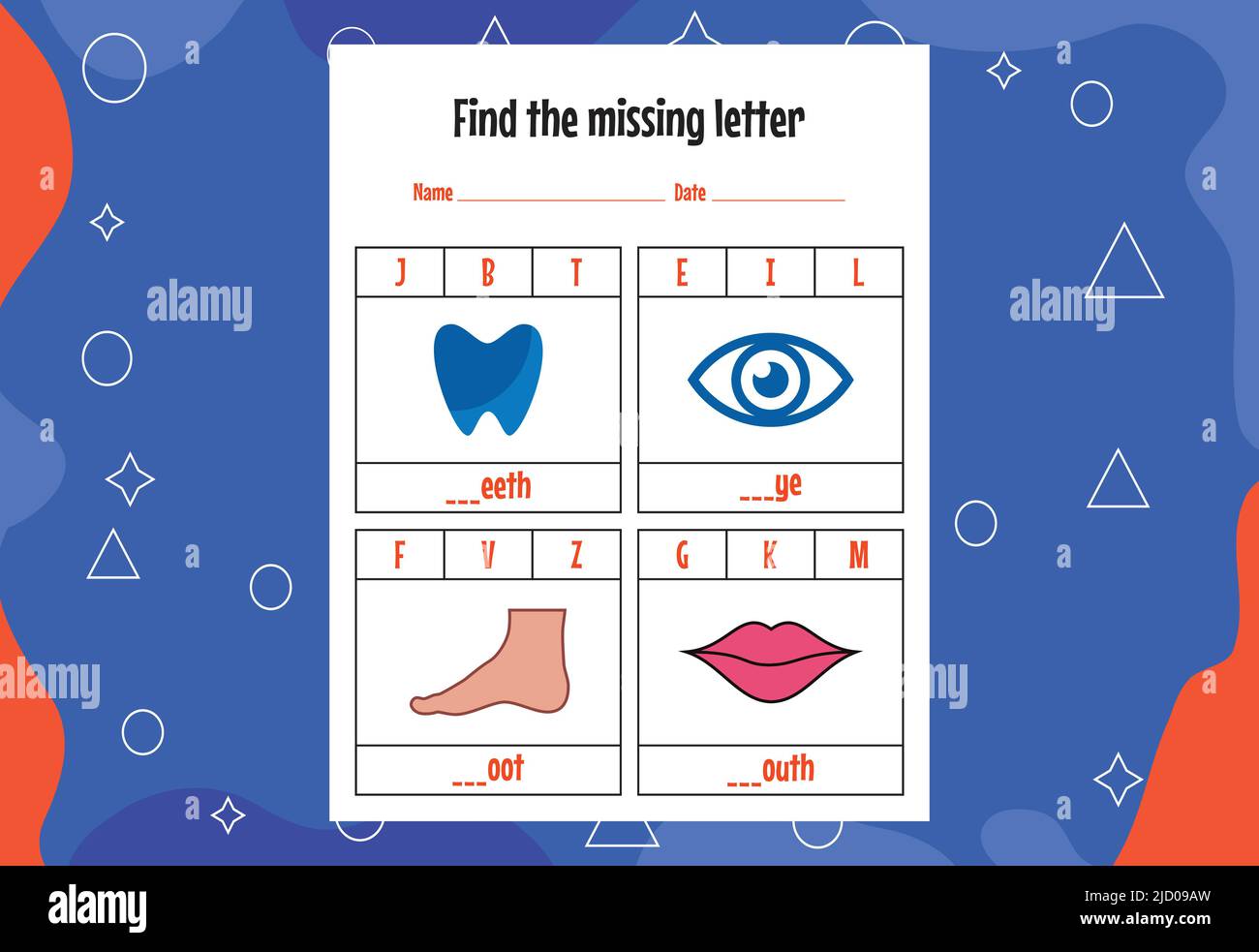 Recherchez la lettre manquante. Feuilles de travail d'orthographe pour les enfants. Page activité. Illustration de Vecteur