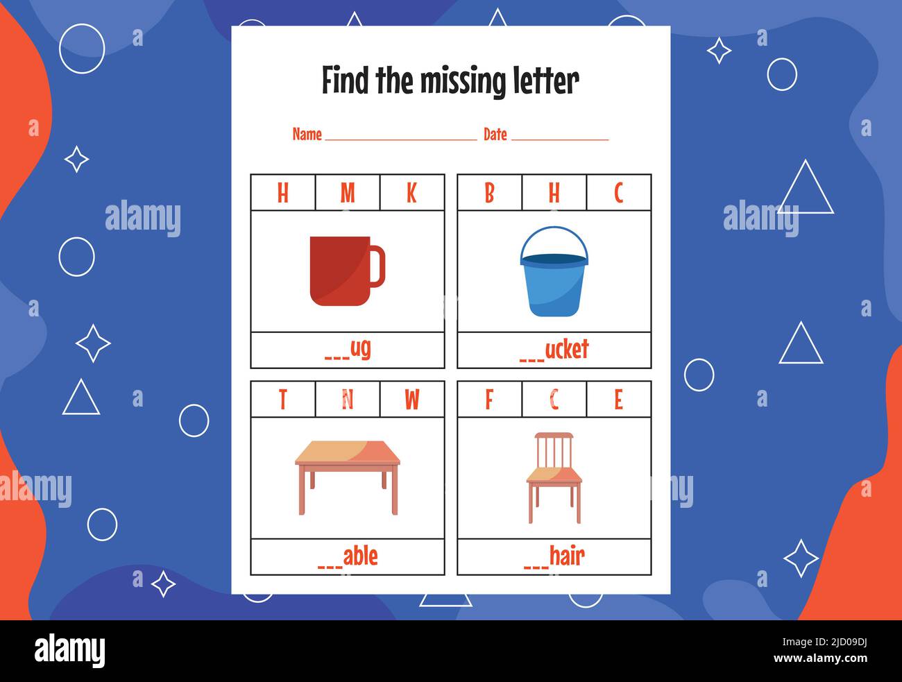 Recherchez la lettre manquante. Feuilles de travail d'orthographe pour les enfants. Page activité. Illustration de Vecteur