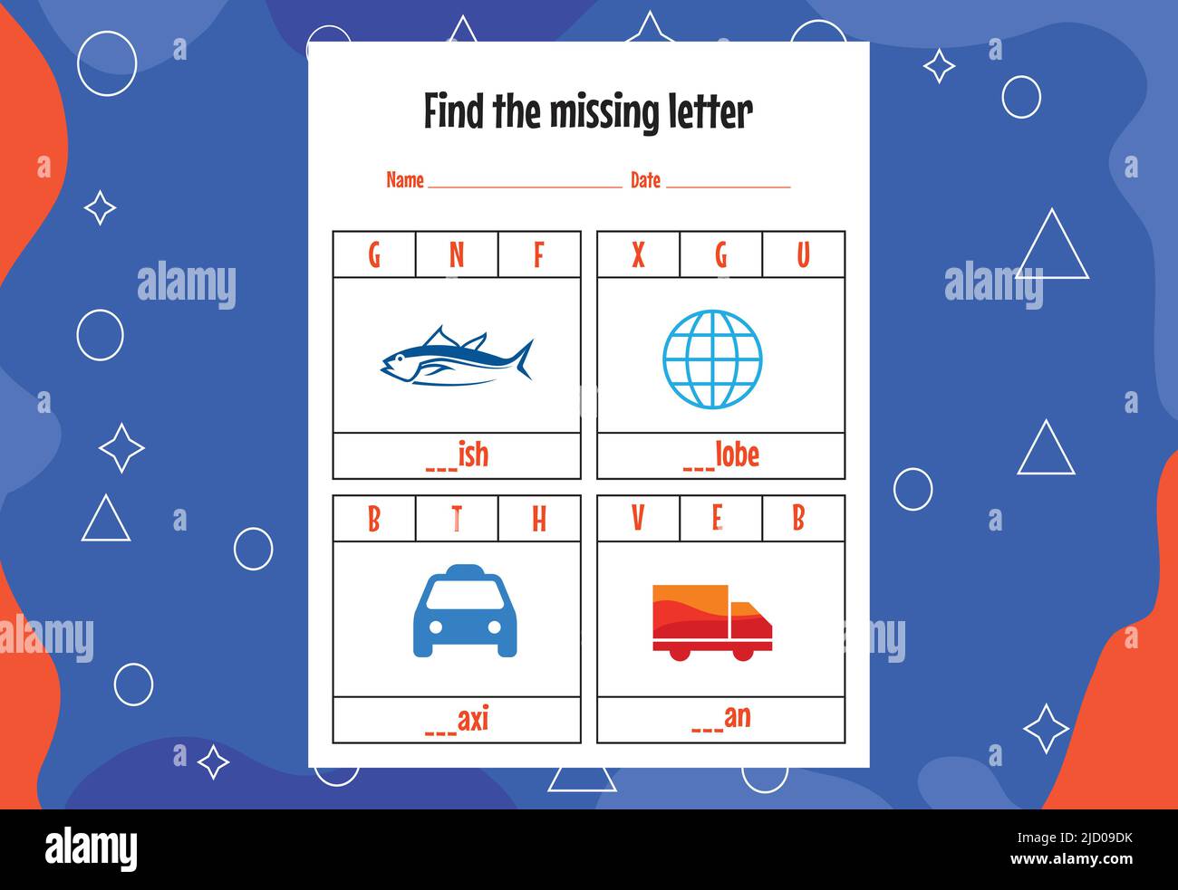 Recherchez la lettre manquante. Feuilles de travail d'orthographe pour les enfants. Page activité. Illustration de Vecteur