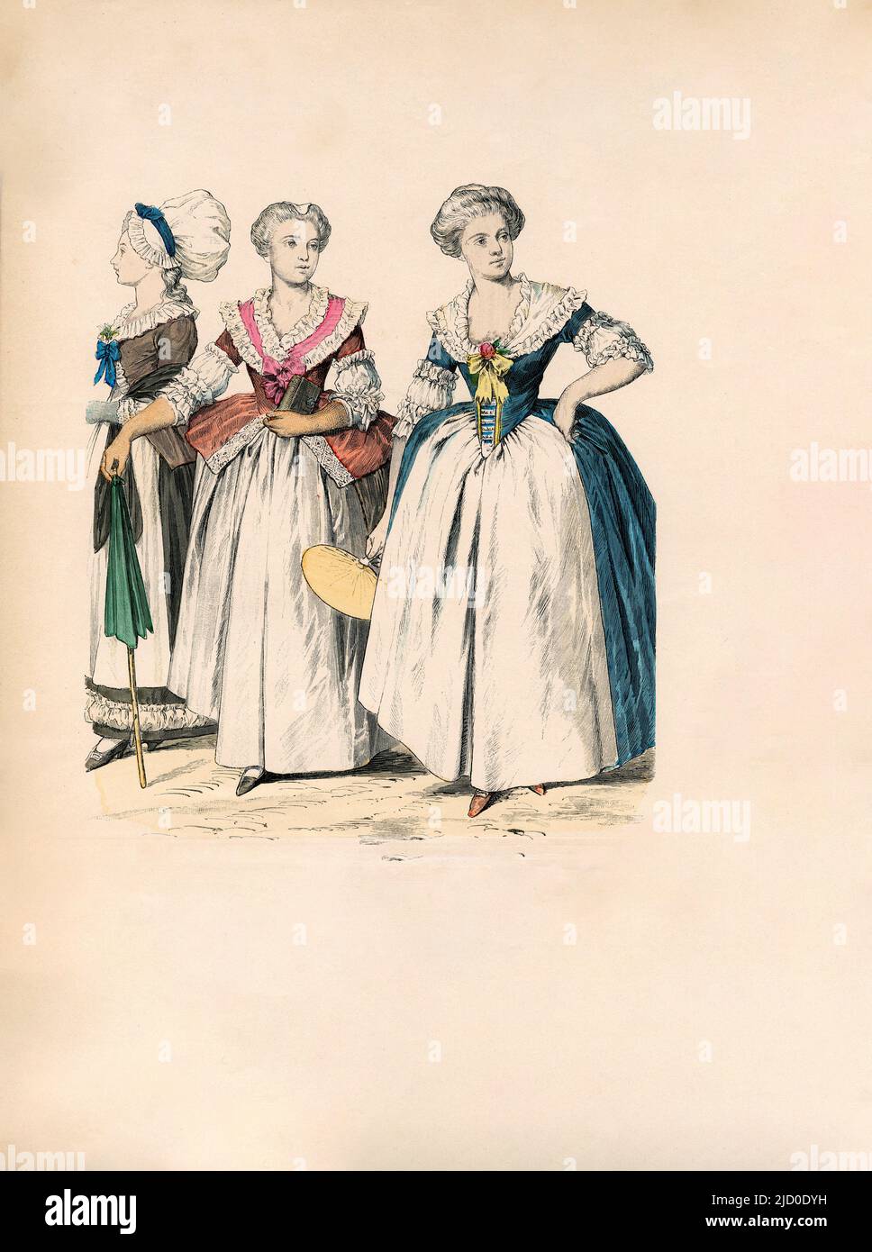 Classe moyenne allemande, femmes de Mannheim, robe allemande et française à Strasbourg, 1770-1790, Illustration, l'histoire du costume, Braun & Schneider, Munich, Allemagne, 1861-1880 Banque D'Images