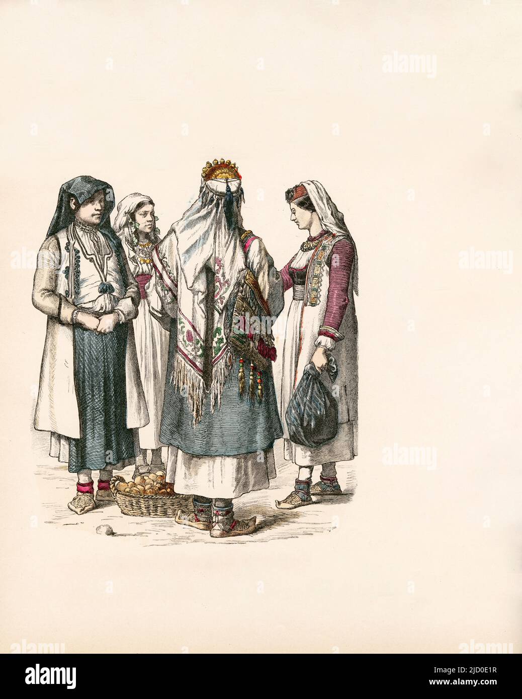 Fille de Draste Boka Kotorska, femme et fille de Kuzevice Boka Kotorska, Dalmatie, fin du 19th siècle, Illustration, l'Histoire du Costume, Braun & Schneider, Munich, Allemagne, 1861-1880 Banque D'Images