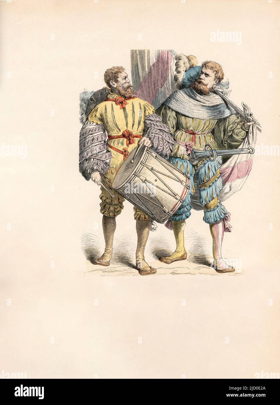 Batteur, Stand-Bearer, Robe militaire allemande, premier tiers du seizième siècle, Illustration, l'Histoire du costume, Braun & Schneider, Munich, Allemagne, 1861-1880 Banque D'Images