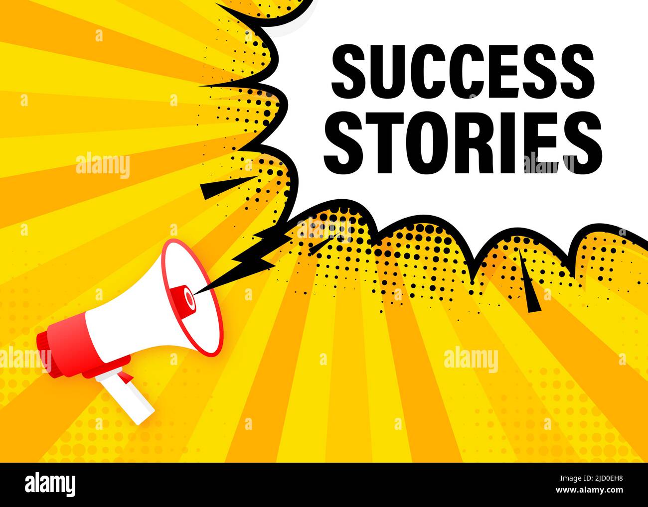 Histoires de réussite bannière jaune mégaphone. Illustration vectorielle. Illustration de Vecteur