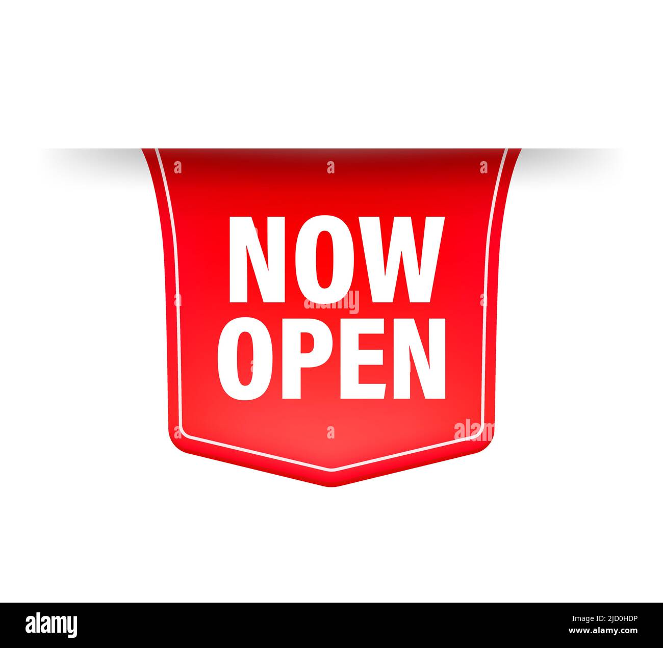 Vector ouvre maintenant la bannière rouge. Étiquette avec texte en style plat. Illustration vectorielle. Illustration de Vecteur