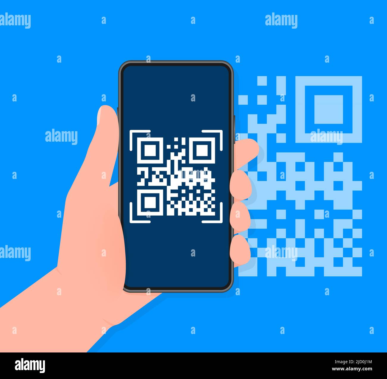Téléphone portable avec lecture du code qr pour payer à l'écran. Téléphone sur fond bleu. Illustration vectorielle. Illustration de Vecteur