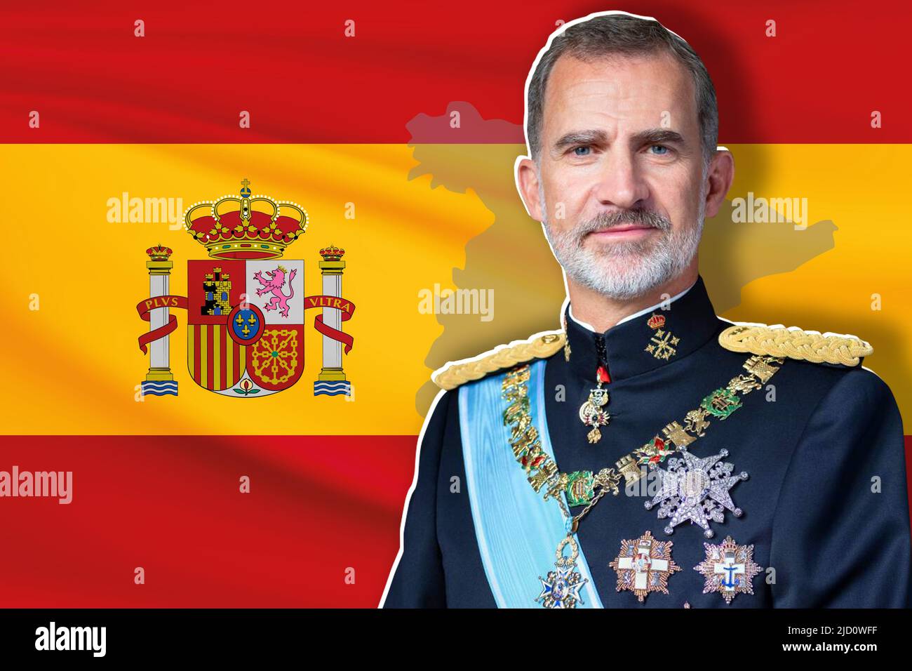 Roi Felipe VI, drapeau de l'Espagne et silhouette du pays Banque D'Images