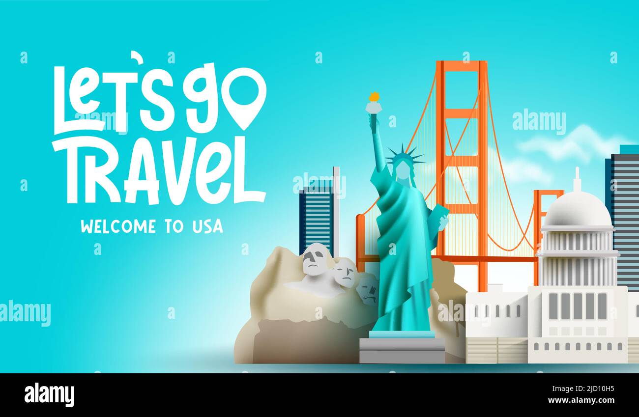 Design d'arrière-plan vectoriel Travel america. Passons au texte des états-unis avec des bâtiments célèbres, des ponts et des éléments de structure pour voyager à l'état-unis. Illustration de Vecteur