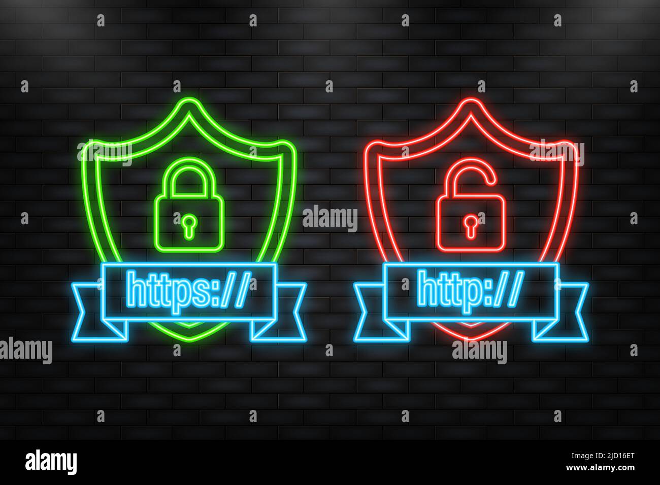 Icône néon. protocoles http et https sur Shield. Illustration de Vecteur