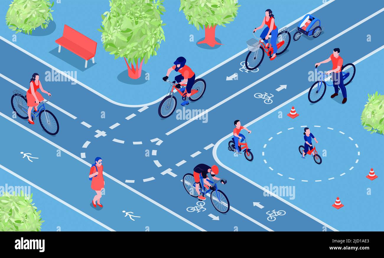 Composition isométrique ville pratique pour le vélo avec des personnes qui pédalez sur deux pistes cyclables illustration vectorielle des pistes cyclables Illustration de Vecteur