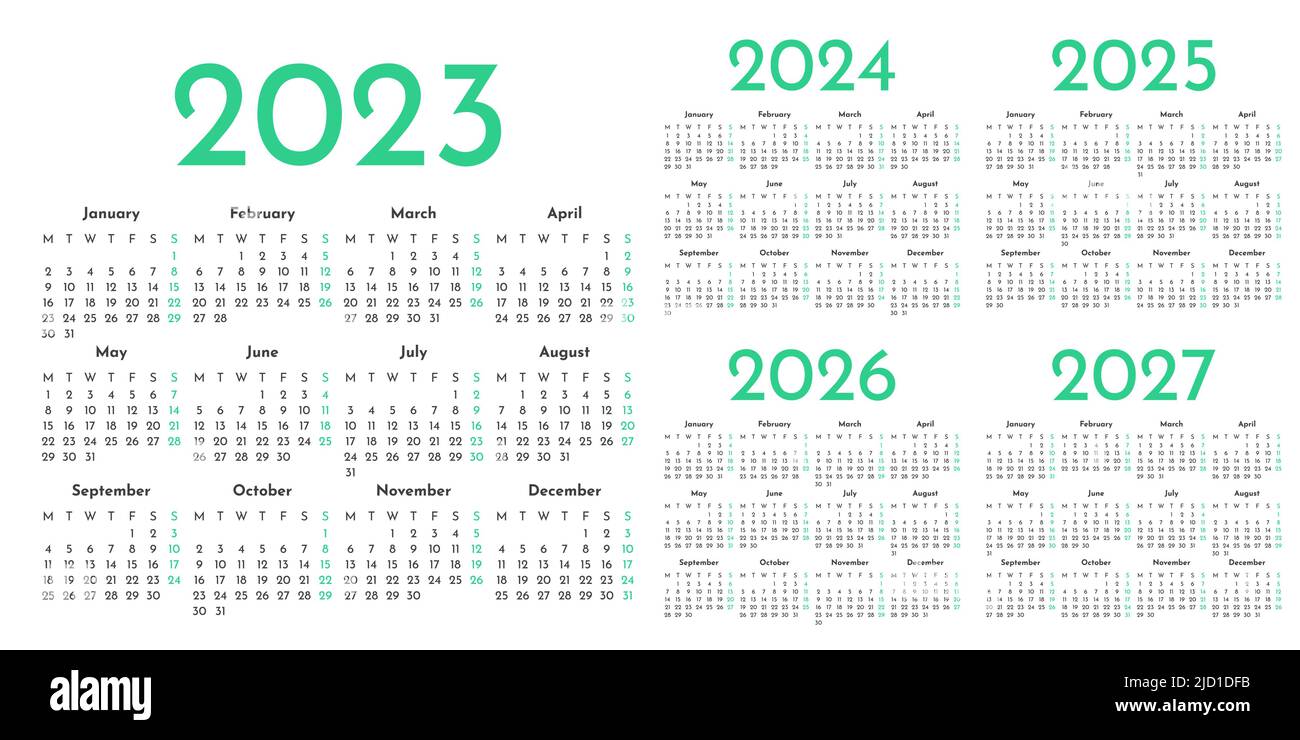 Ensemble de modèles de calendrier mensuel vert et blanc pour 2023, 2024, 2025, 2026, 2027 ans. La semaine commence le lundi. Calendrier de mise en page des albums dans un style minimaliste Illustration de Vecteur