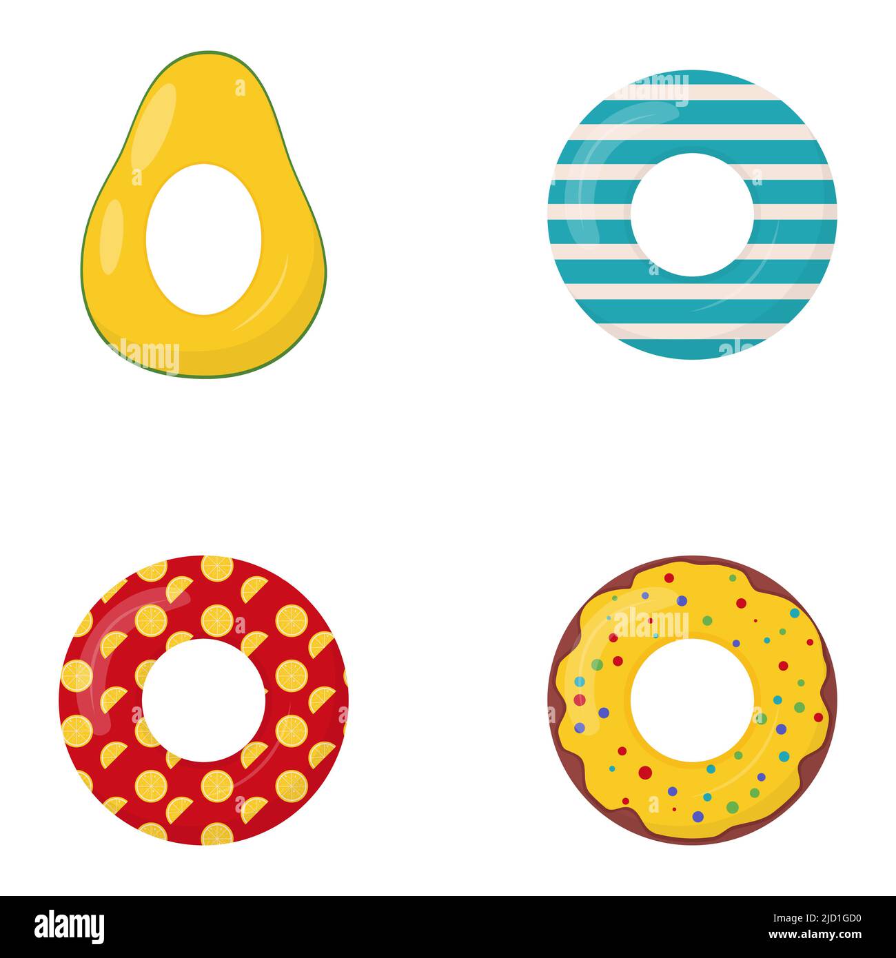 Collection d'anneaux de natation en caoutchouc avec gâteau, avocat, ananas, pastèque et autres ornements qui y sont peints. Bouée de sauvetage flottante pour être Illustration de Vecteur