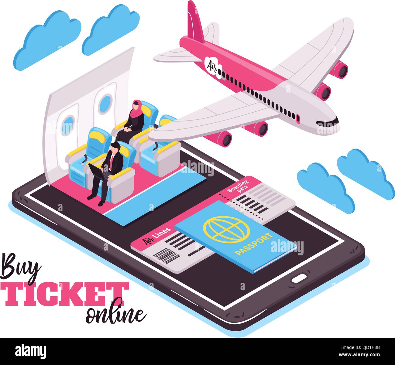 Achetez un billet en ligne et voyagez en avion concept isométrique avec des passagers d'avion et une illustration vectorielle pour grand smartphone Illustration de Vecteur