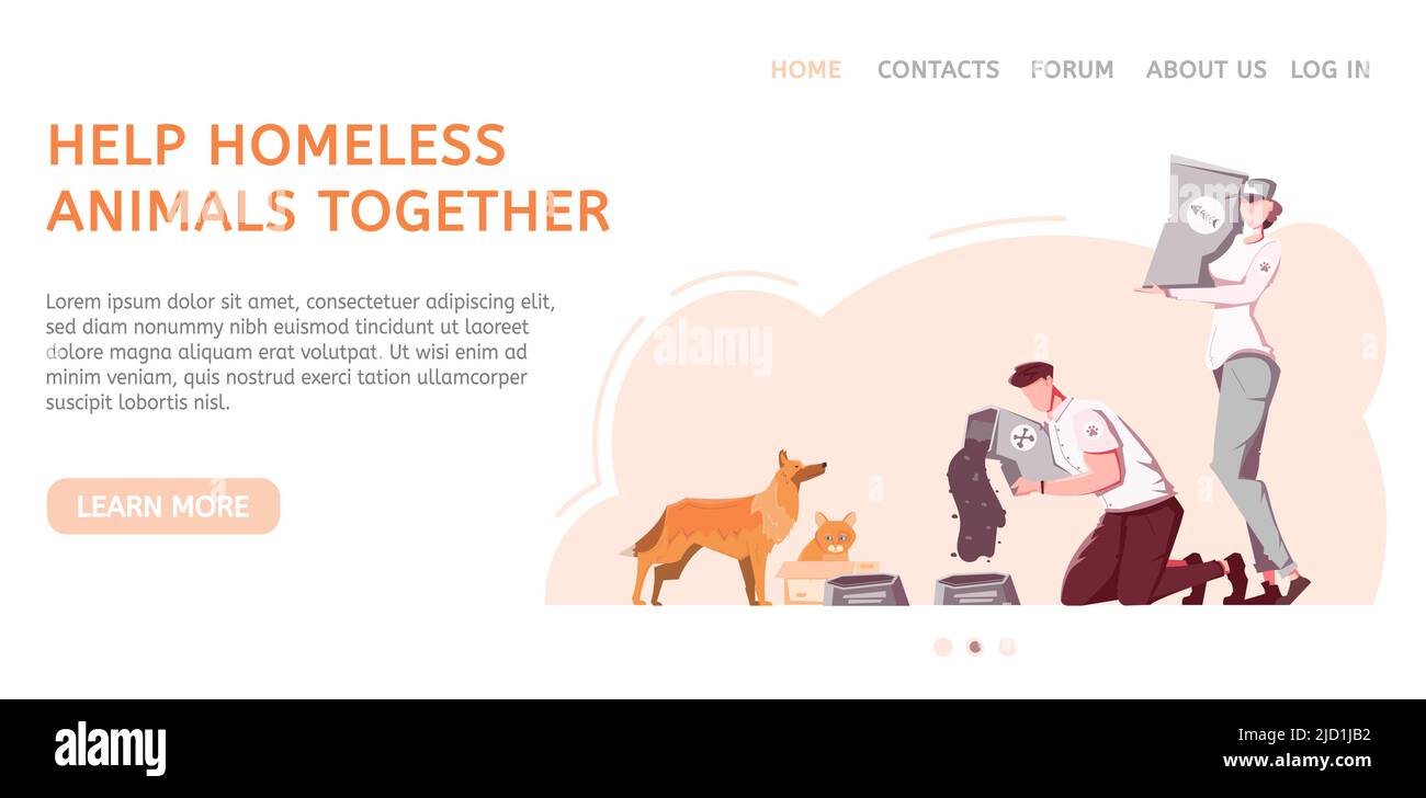 Bannière horizontale pour animaux sans abri avec images plates de personnes avec animaux de compagnie et liens cliquables avec illustration vectorielle de texte Illustration de Vecteur